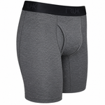 A pair of heather gray boxer briefs with a black elastic waistband featuring the brand name 'TRUHK' in dark gray, shown against a plain white background.
