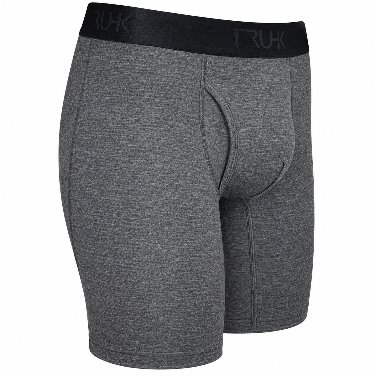 A pair of heather gray boxer briefs with a black elastic waistband featuring the brand name 'TRUHK' in dark gray, shown against a plain white background.