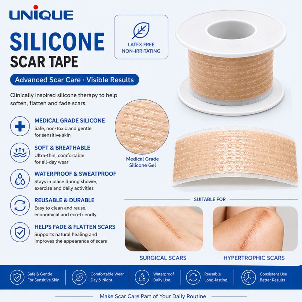 Unique Silicone scar care  tape uses and info graphic