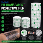 Unique brand transparent tattoo and wound care tape, a graphic of features and benfits
