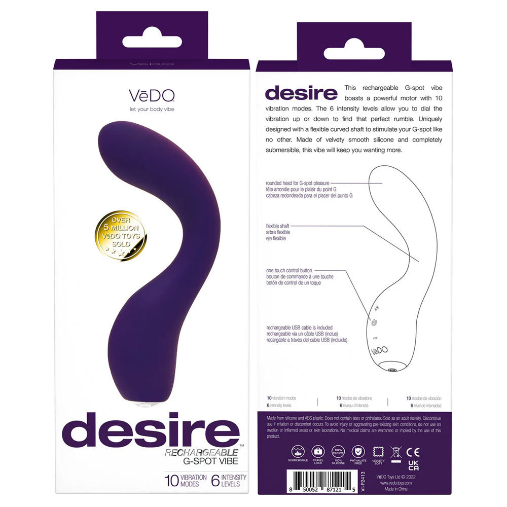 VEDO Desire g-spot vibrating rechargeable in purple product box