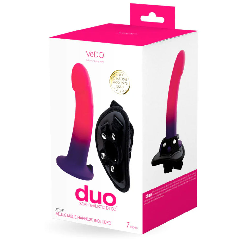vedo duo strap on kit purple and pink gradiiant and black strap on harness box