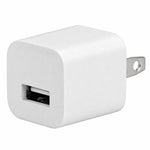 White 5V 1A USB wall charger adapter cube with a single USB port and US two-prong plug