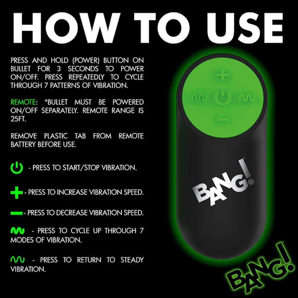 Bang! Vibrating Silicone Rechargeable Bullet - Remote Control - Glow in the Dark