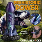 XR creature Cocks Dino Dick dinosaur fantasy dong with mini tail and legs in purple, black and teal in a strapon harness with zoomed in texture