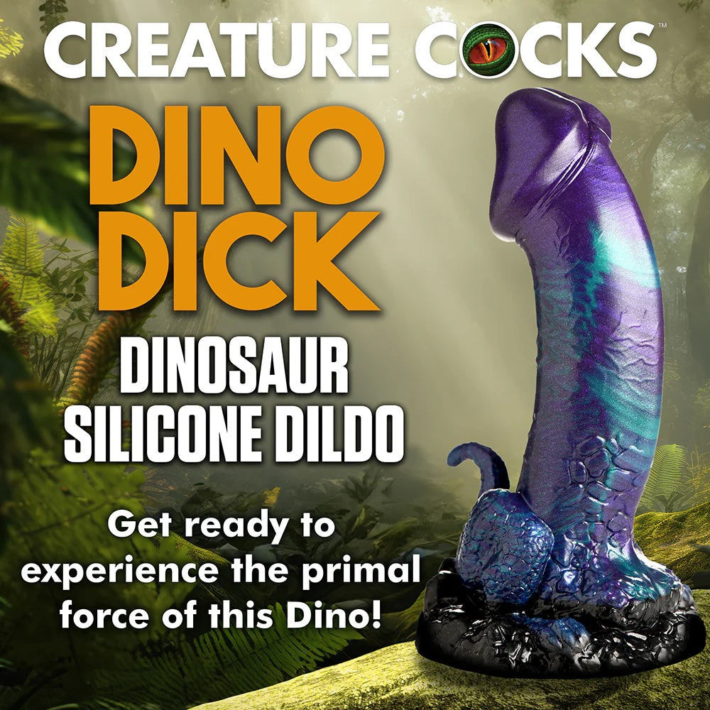 XR creature Cocks Dino Dick dinosaur fantasy dong with mini tail and legs in purple, black and teal. in jungle scape with graphic text