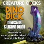XR creature Cocks Dino Dick dinosaur fantasy dong with mini tail and legs in purple, black and teal. in jungle scape with graphic text