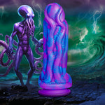 XR brands octophallus purple and blue tentacle wrapped phallus silicone dildo with suction cup back in a seascape with a merman creatre
