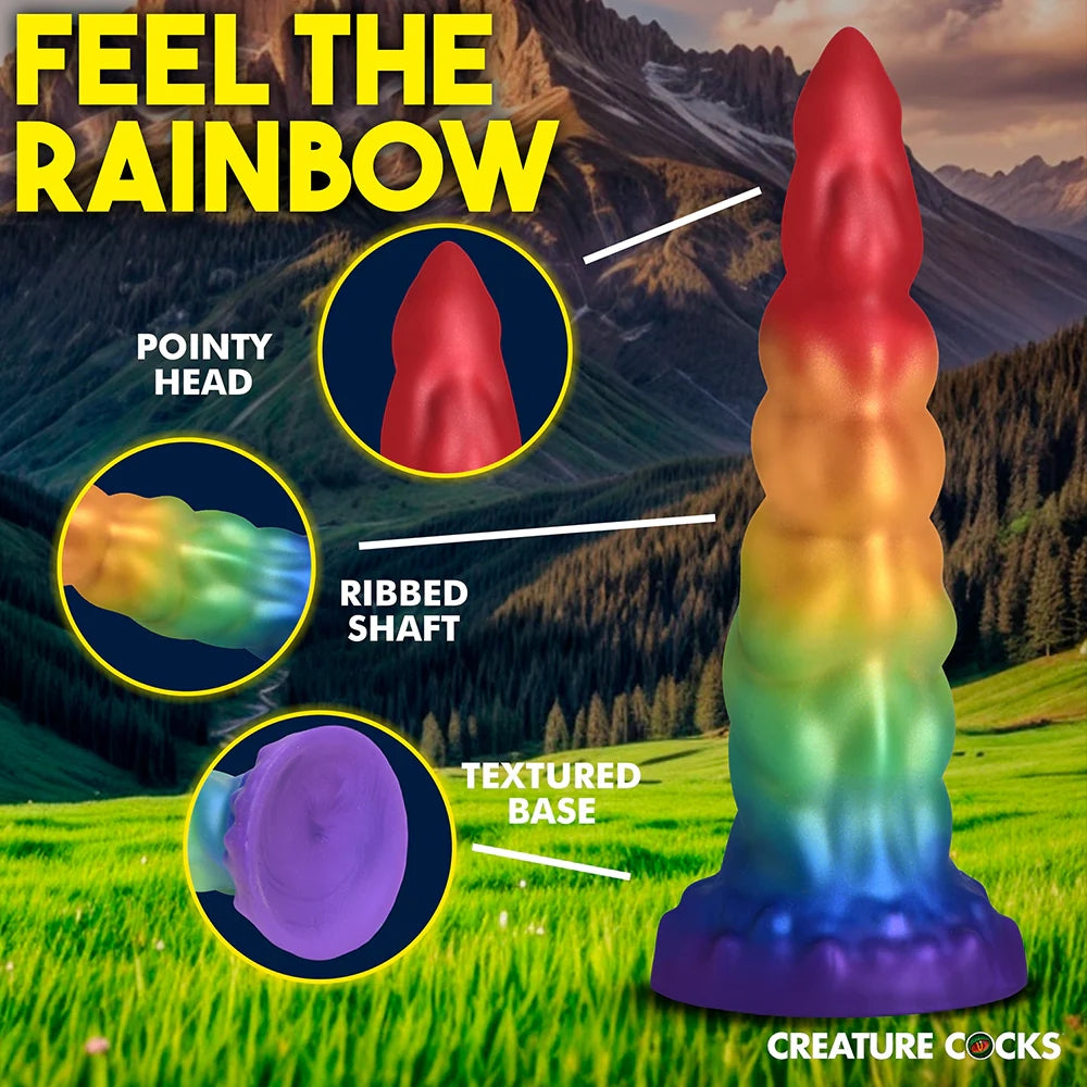 XR Creature Cocks Magic Rider rainbow tapered unicorn horn silicone fantasy dildo front with zoomed in texture and features in a nature landscape and graphic text