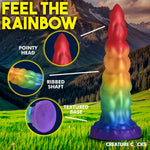 XR Creature Cocks Magic Rider rainbow tapered unicorn horn silicone fantasy dildo front with zoomed in texture and features in a nature landscape and graphic text