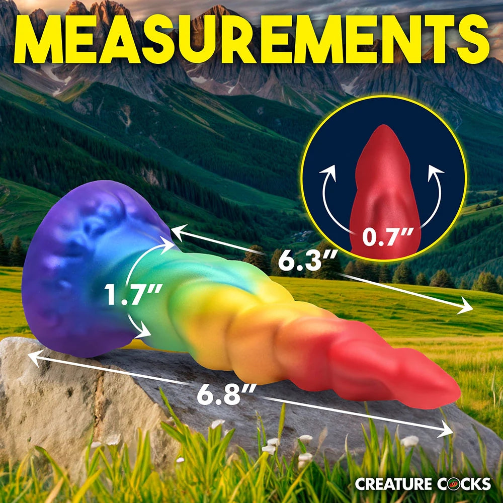 XR Creature Cocks Magic Rider rainbow tapered unicorn horn silicone fantasy dildo with dimensions in a nature landscape