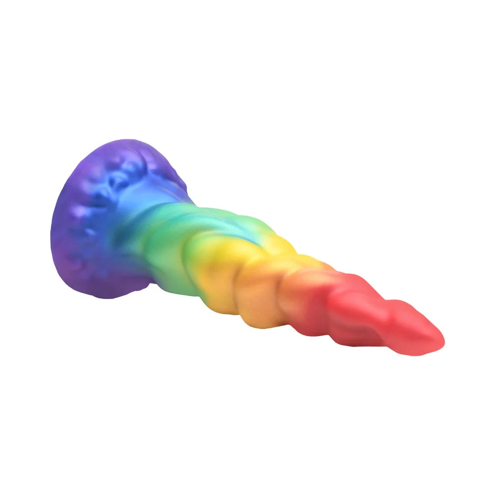 XR Creature Cocks Magic Rider rainbow tapered unicorn horn silicone fantasy dildo laying horizontal to the ground 3/4 