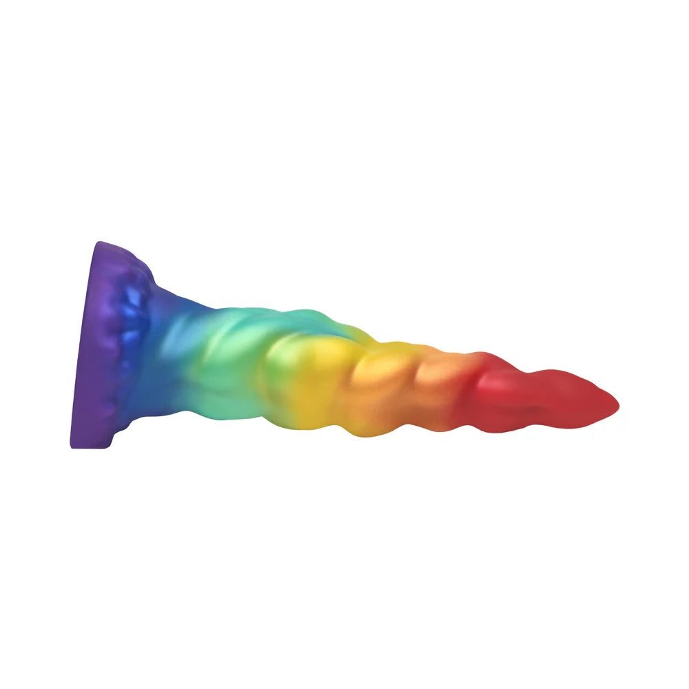 XR Creature Cocks Magic Rider rainbow tapered unicorn horn silicone fantasy dildo laying horizontal to the ground