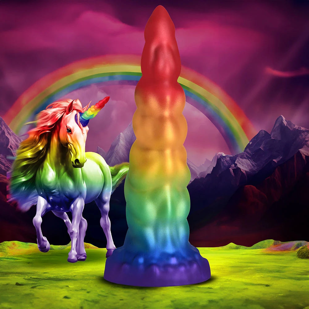 XR Creature Cocks Magic Rider rainbow tapered unicorn horn silicone fantasy dildo front in a fantasy landscape with unicorn in distance