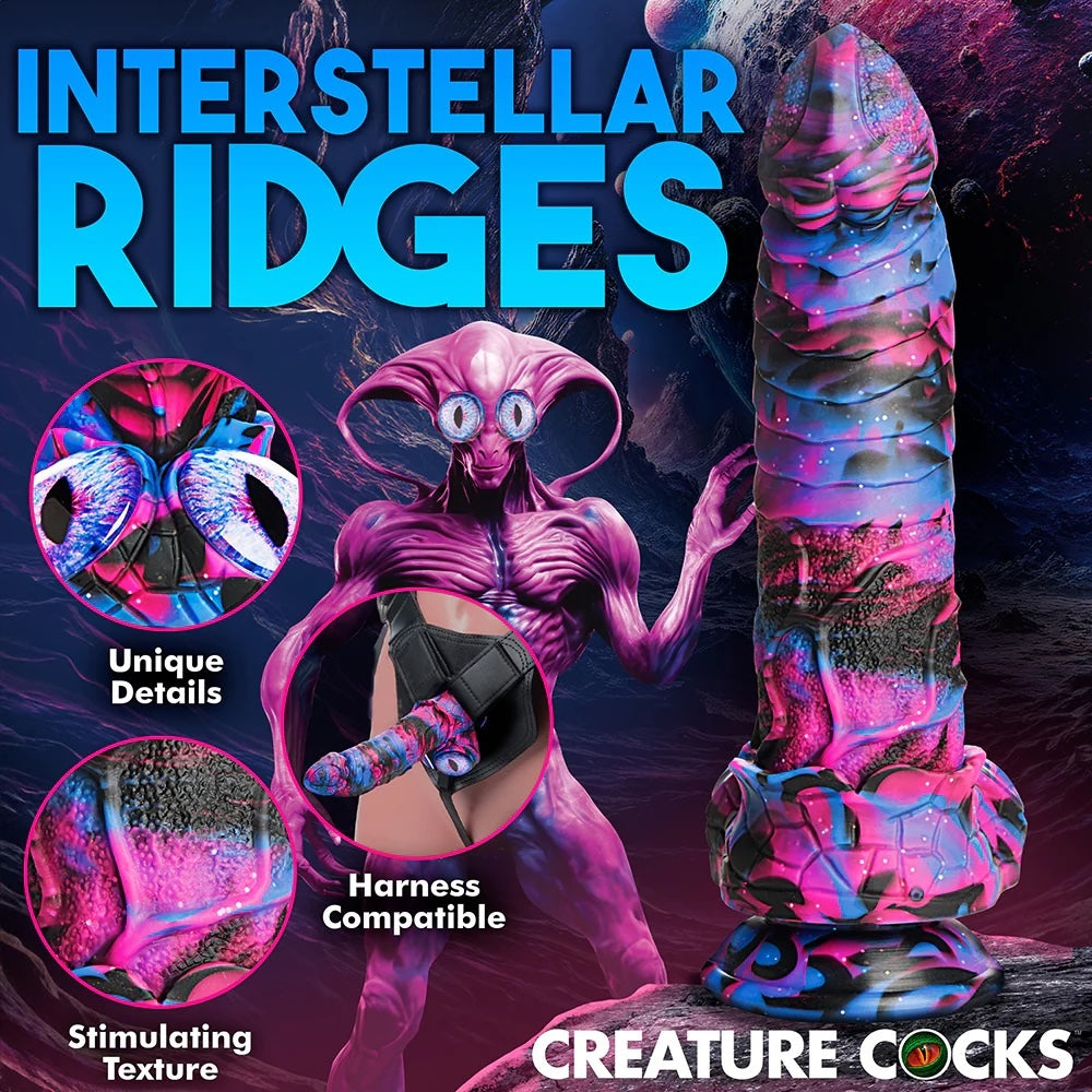 XR Brands Creature Cocks Alienoid Pink, black, blue and glitter silicone fantasy dildo with eye balls for testes back view , also shown in a harness, with zoom ins on the texture and eyeball testes