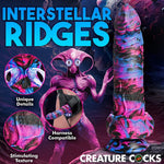 XR Brands Creature Cocks Alienoid Pink, black, blue and glitter silicone fantasy dildo with eye balls for testes back view , also shown in a harness, with zoom ins on the texture and eyeball testes