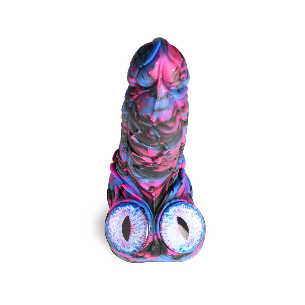 XR Brands Creature Cocks Alienoid Pink, black, blue and glitter silicone fantasy dildo with eye balls for testes from above 