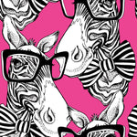 close up of zebra fabric print, black and white zebras with glasses and bowties on hot pink background