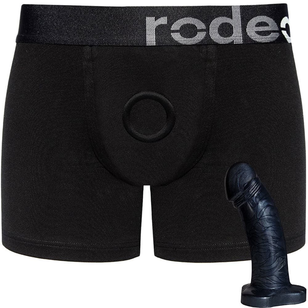 Classic Black Boxer+ Harness and 5" Black Pearl Dildo - PACKAGE DEAL