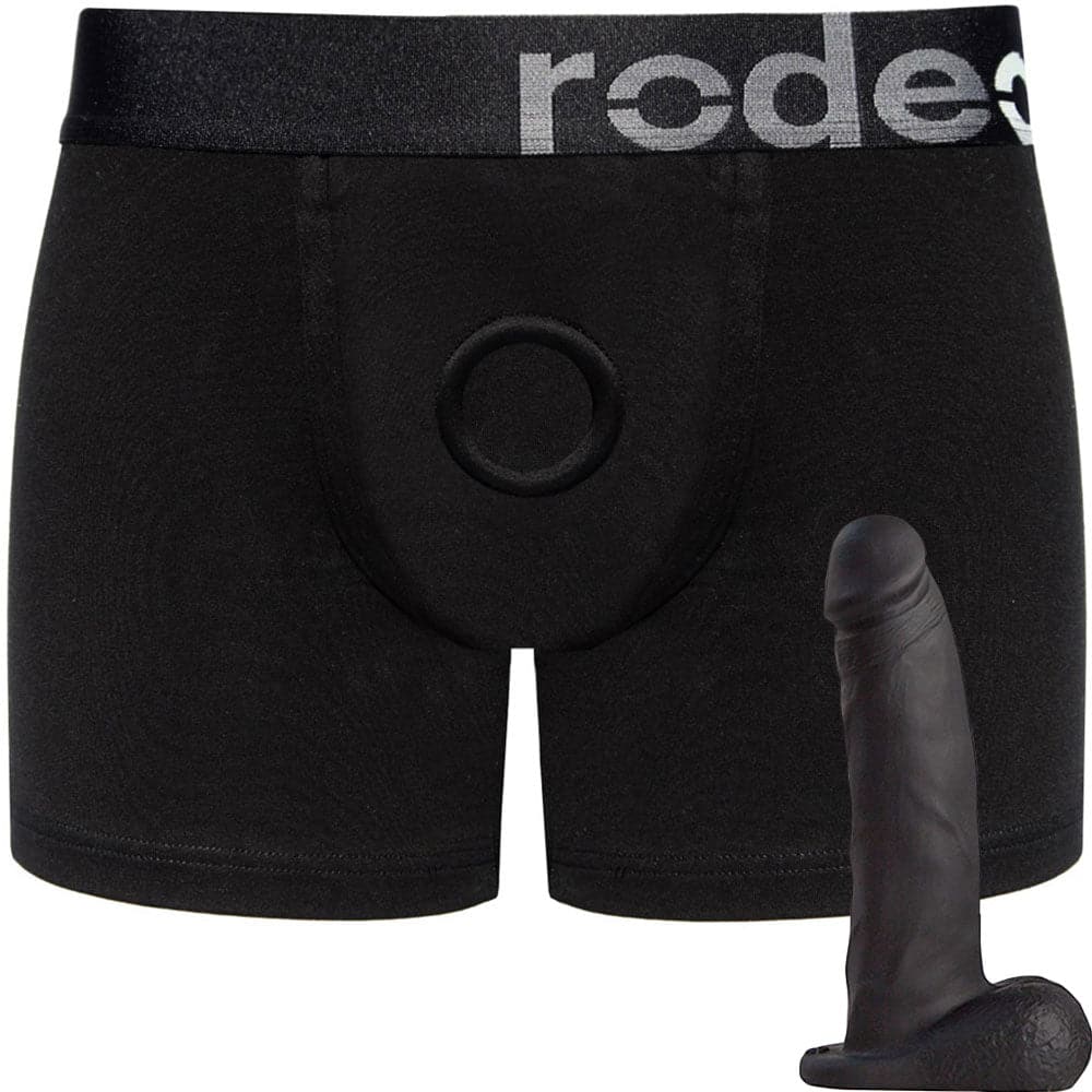 Classic Black Boxer+ Harness & 5.75" Black Realistic Dildo - PACKAGE DEAL