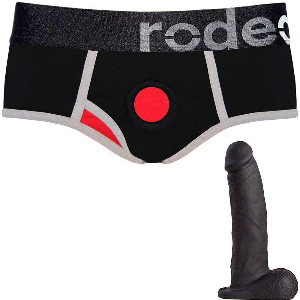 Black & Red Brief+ Harness and 5.75" Realistic Dildo - PACKAGE DEAL