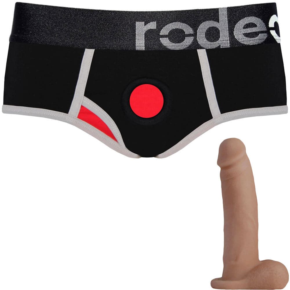 Black & Red Brief+ Harness and 5.75" Realistic Dildo - PACKAGE DEAL