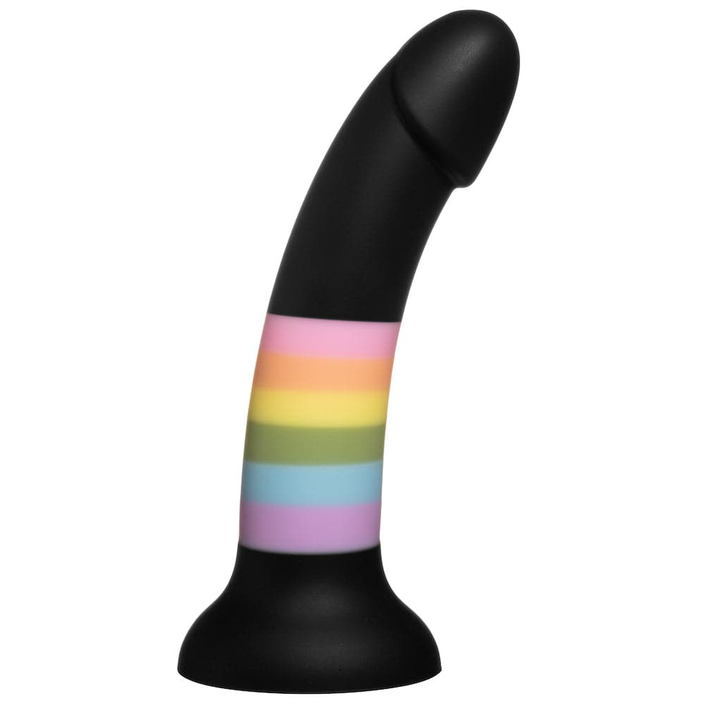 black dildo with rainbow stripe and suction cup bottom, standing up