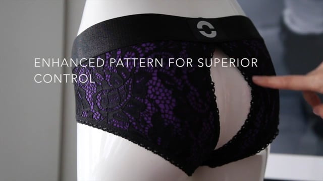 rodeoh crotchless panty harness black lace over purple video