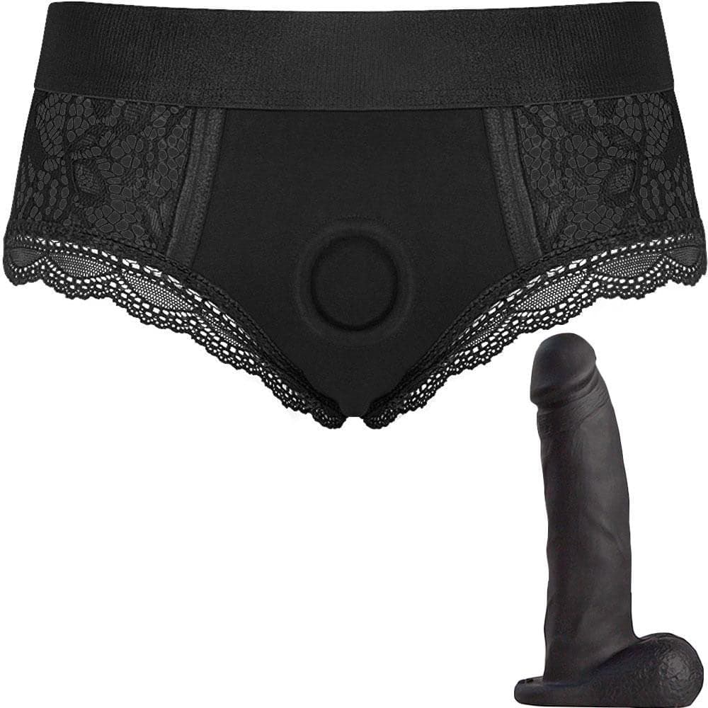 Black Lace Panty Harness and 5.75" Realistic Dildo - PACKAGE DEAL