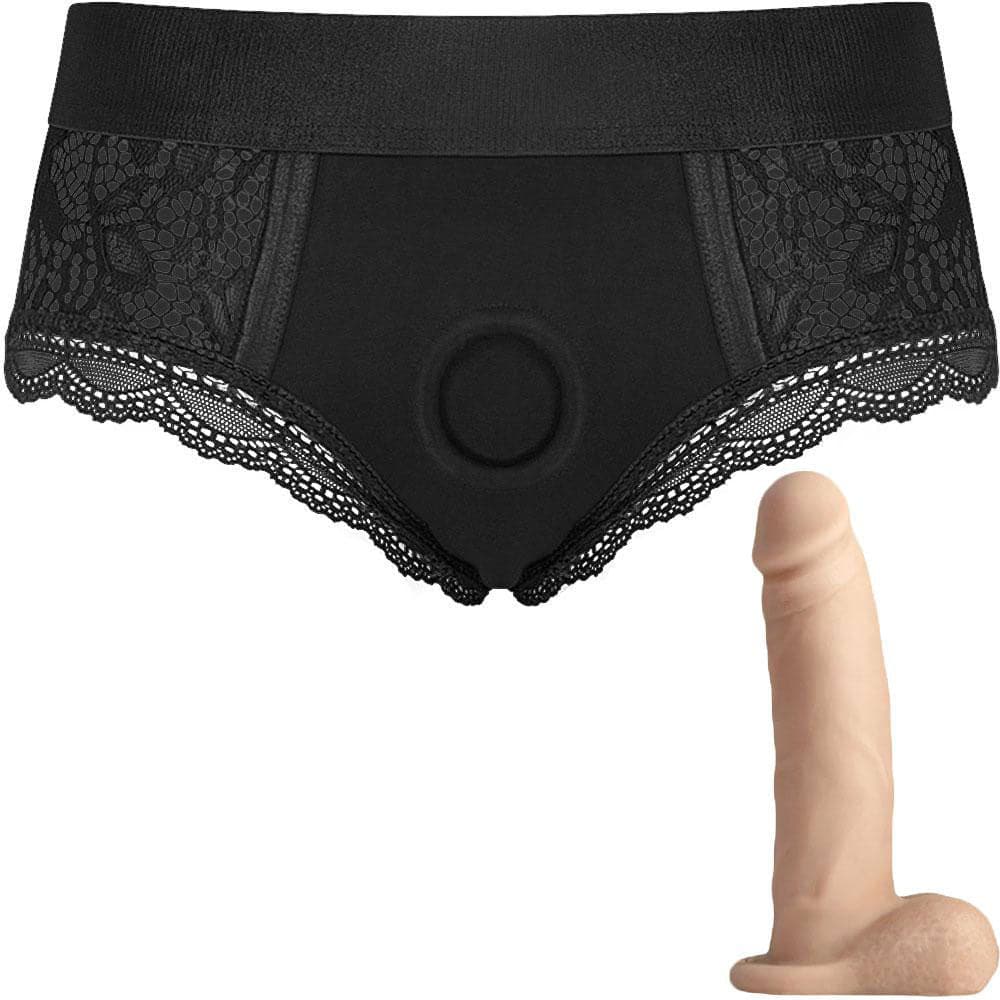 Black Lace Panty Harness and 5.75" Realistic Dildo - PACKAGE DEAL