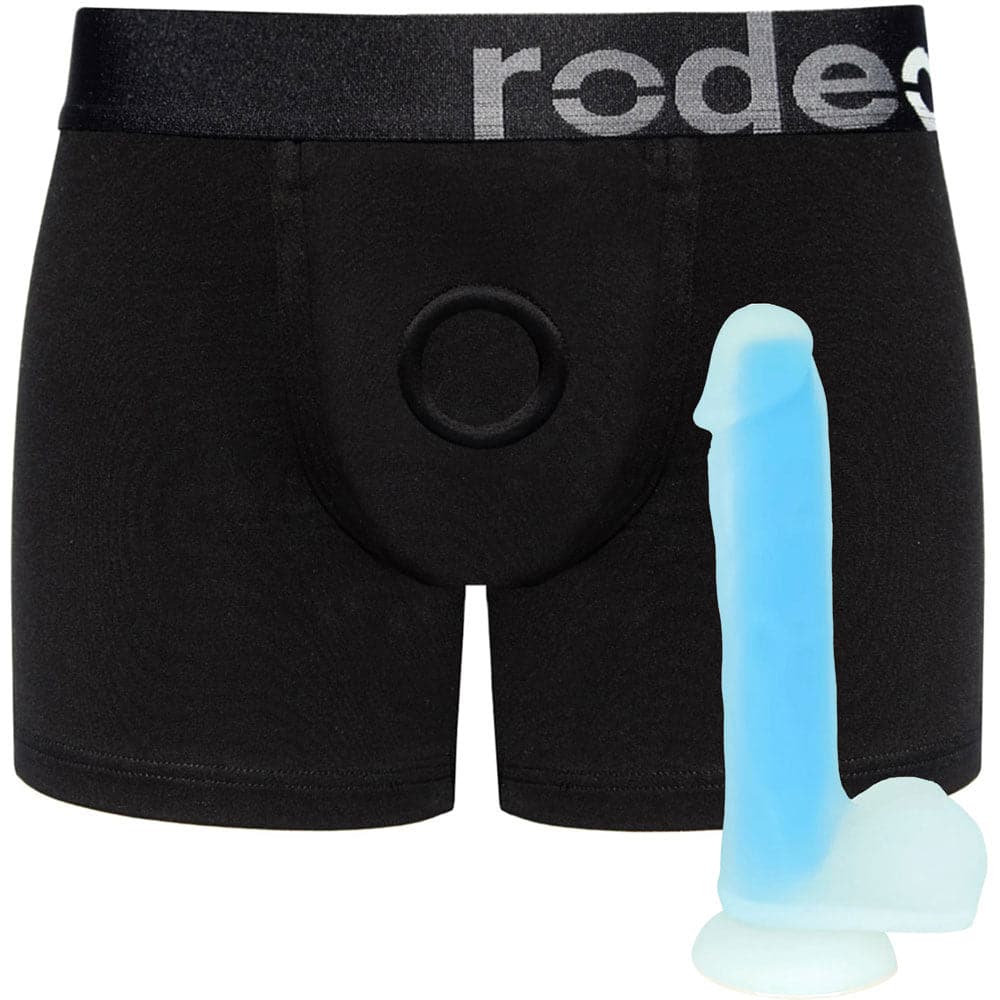 Black Boxer+ Harness and Glo-Fi Dildo - 6" Blue (Package Deal)