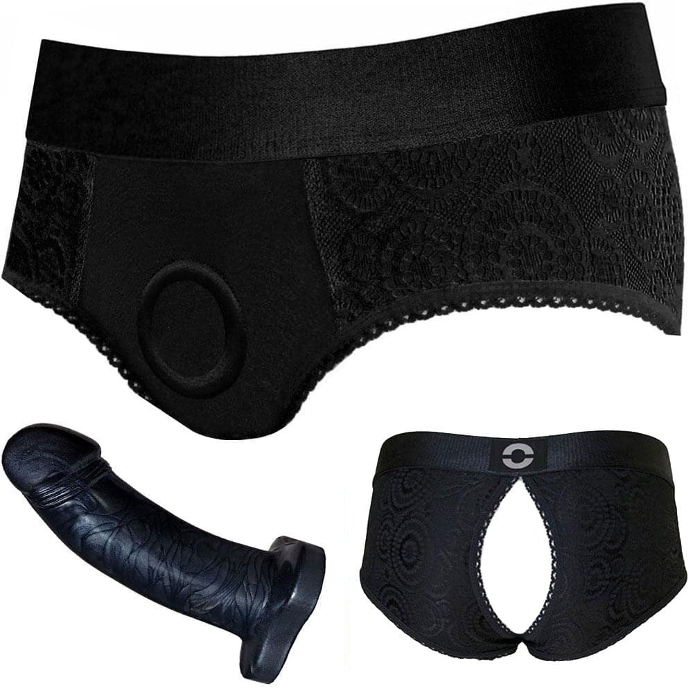 Pleasure Kit - Crotchless Panty Black and 5" Black Pearl Dildo - PACKAGE DEAL