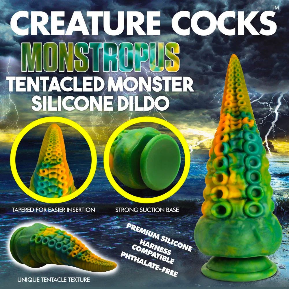 Monstropus Tentacled Monster Silicone Dildo - Green, Blue & Yellow - RodeoH