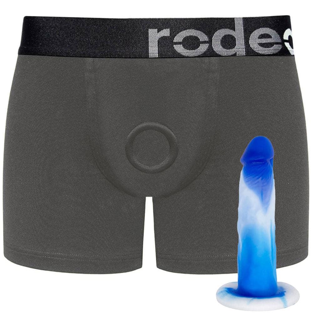 Classic Gray Boxer+ Harness and 6" SoReal Colors Collection Posable Dildo - PACKAGE DEAL
