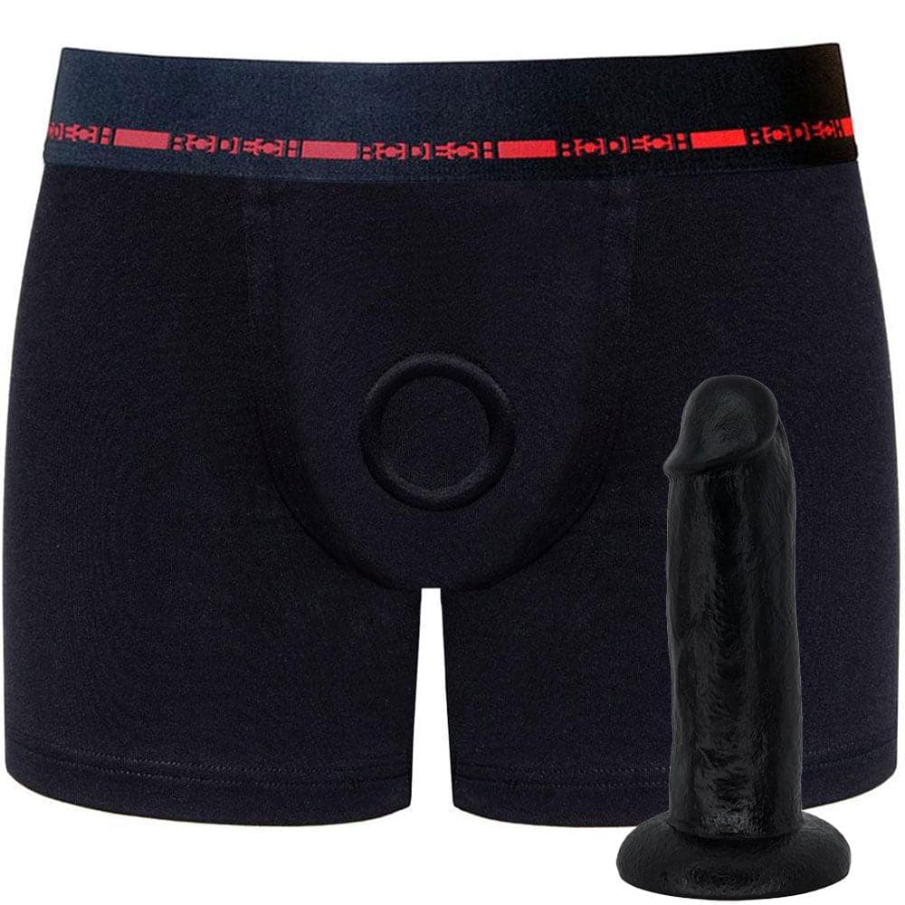 Classic Boxer+ Harness - Black & Red and 7" SoReal Posable Dildo - Black - PACKAGE DEAL