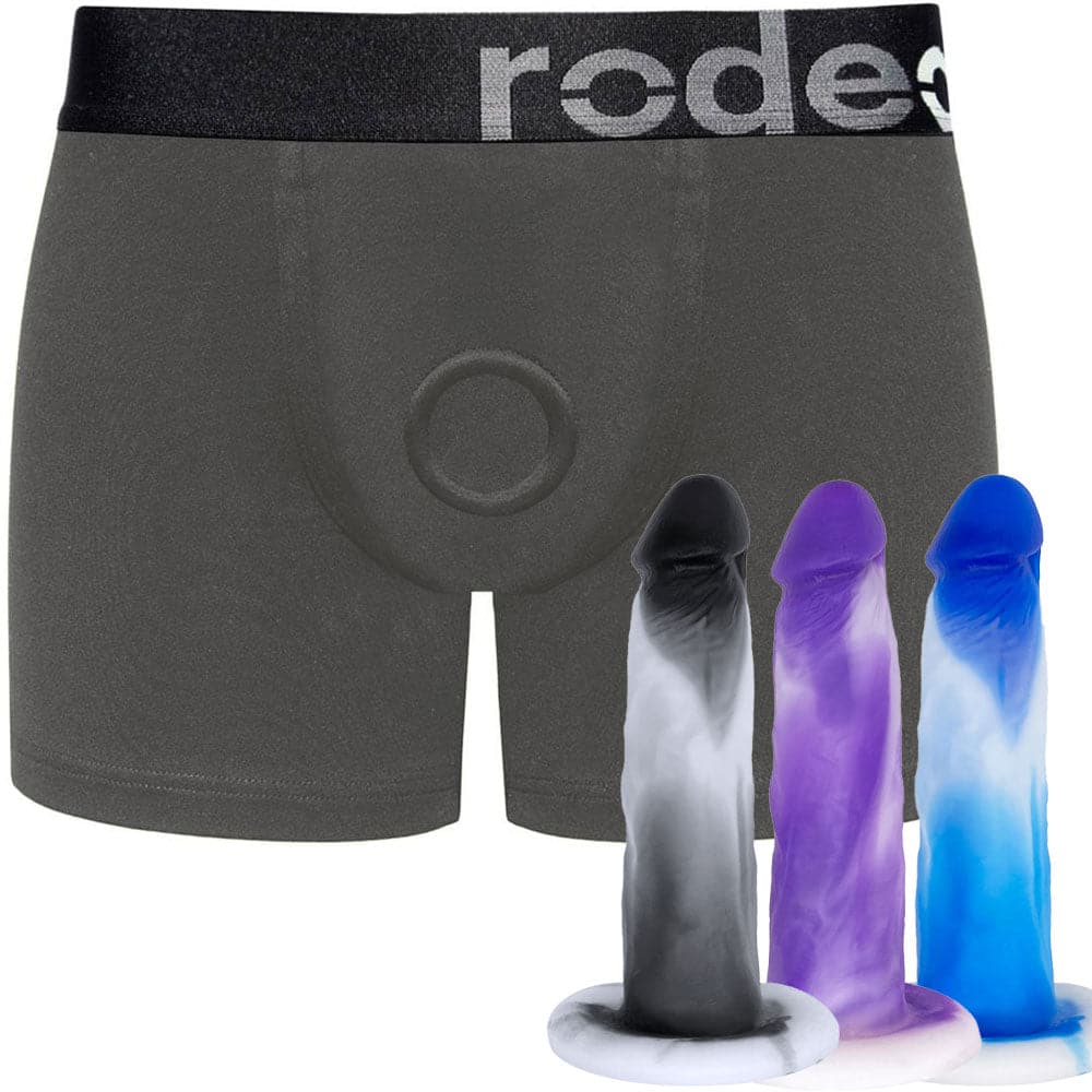 Classic Gray Boxer+ Harness and 6" SoReal Colors Collection Posable Dildo - PACKAGE DEAL