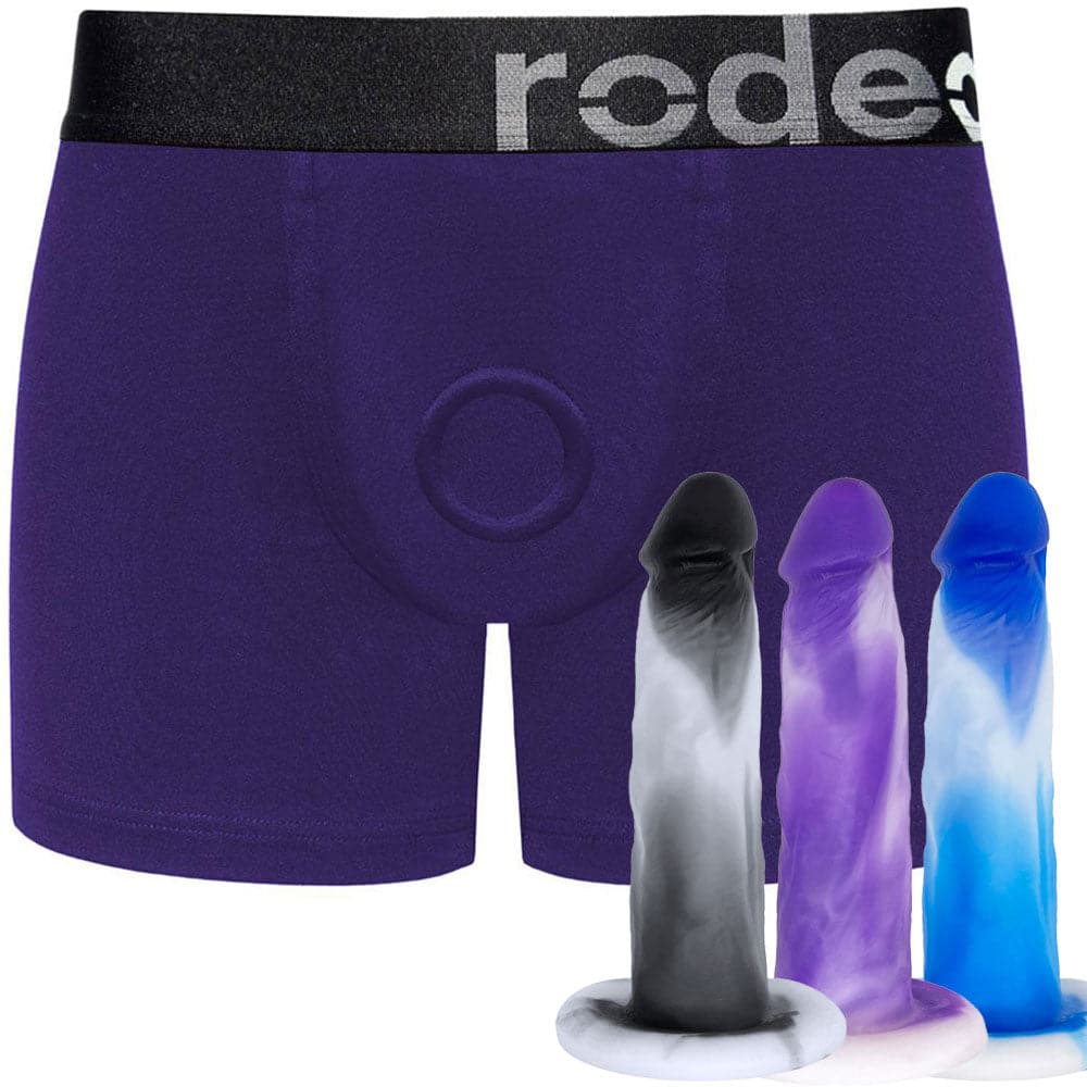Classic Purple Boxer+ Harness and 6" SoReal Colors Collection Posable Dildo - PACKAGE DEAL