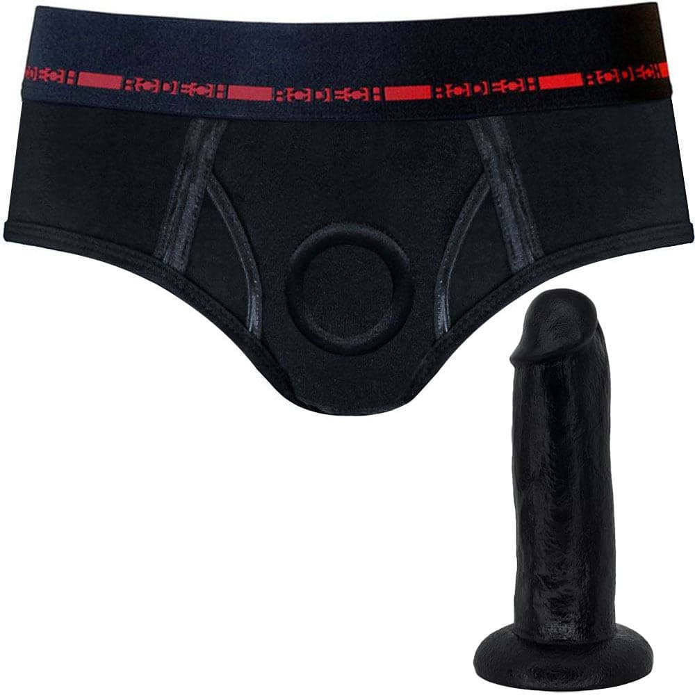 Brief+ Harness - Black & Red and 7" SoReal Posable Dildo - Black - PACKAGE DEAL