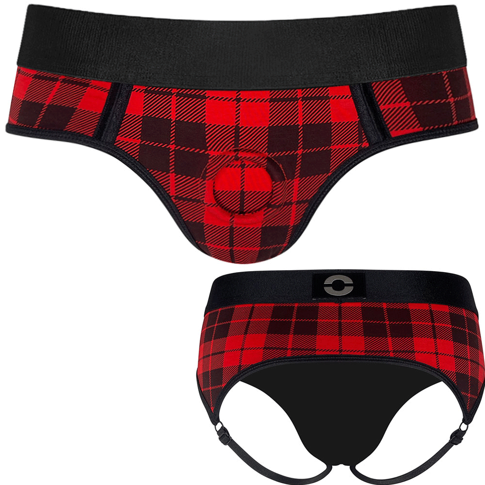 Cheeky Open Back Panty Harness Plaid and 5.25" Black Pearl Dildo - PACKAGE DEAL
