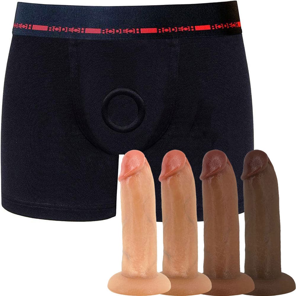 Classic Boxer+ Harness - Black & Red & 7" SoReal Posable Dildo - PACKAGE DEAL