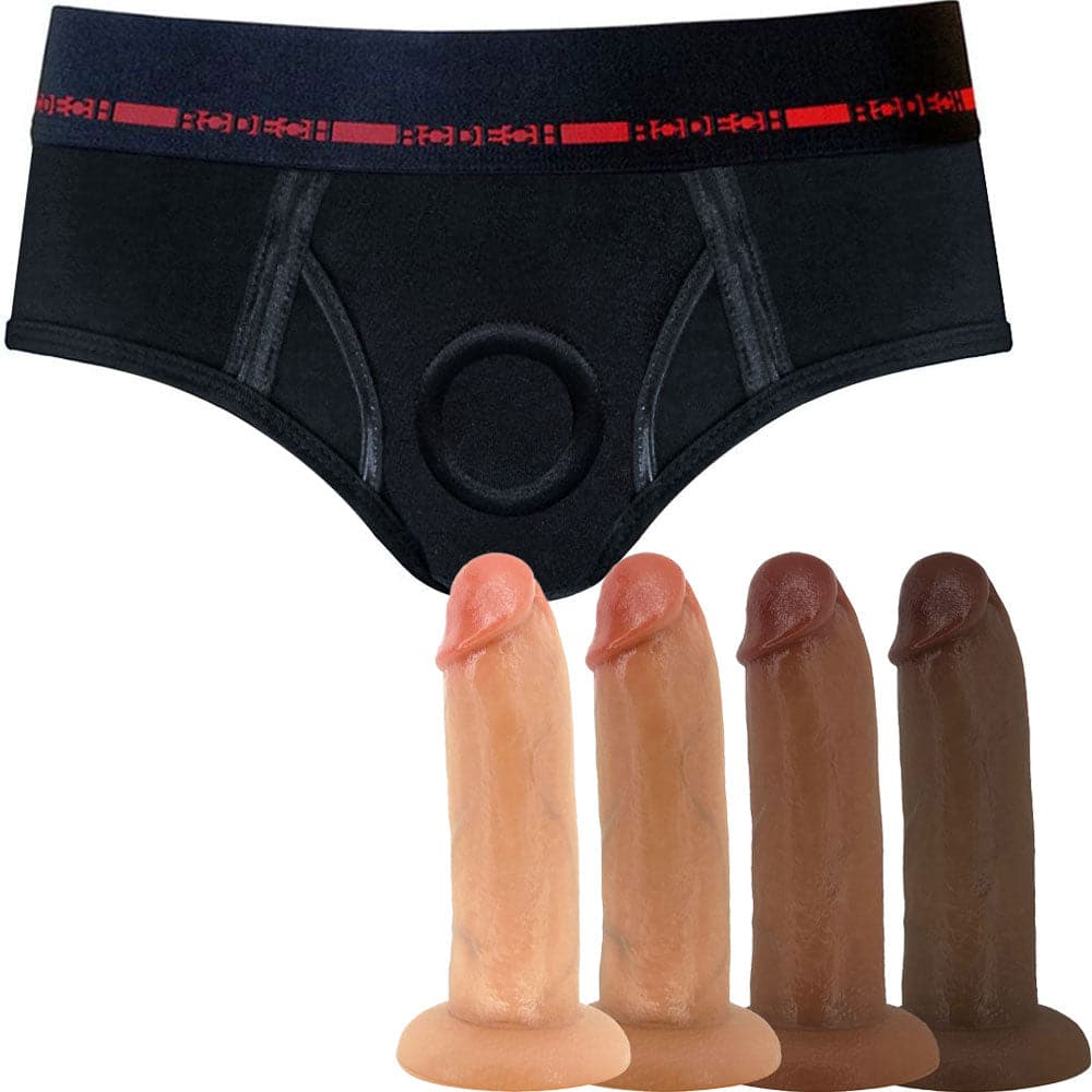 Brief+ Harness - Black & Red and 7" SoReal Posable Dildo - PACKAGE DEAL