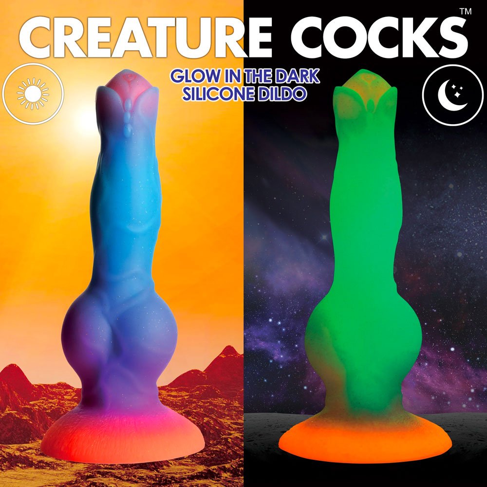 Space Cock Glow-In-The-Dark Silicone Alien Dildo - Orange, Purple & Blue - RodeoH