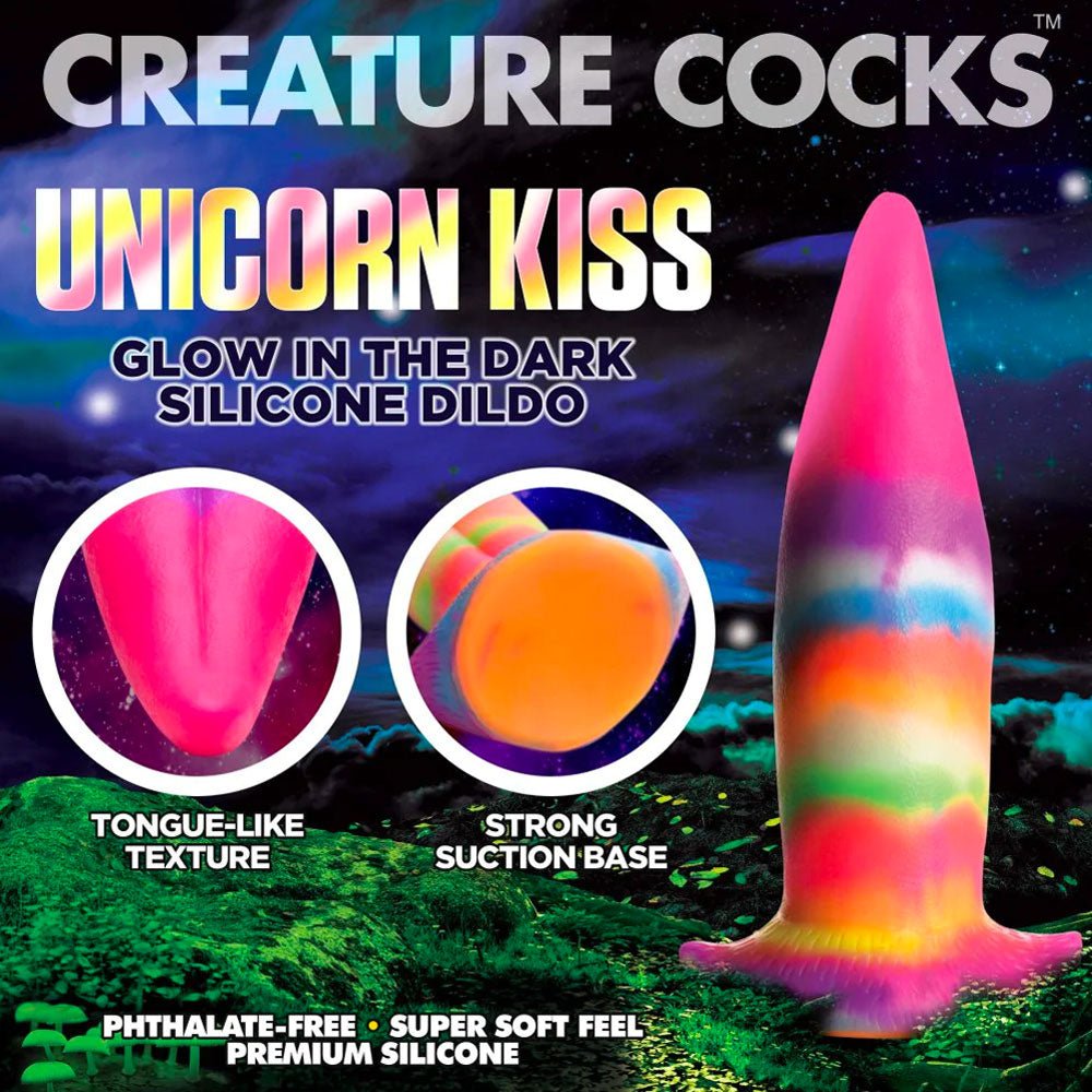 Unicorn Tongue Glow-In-The-Dark Silicone Dildo - Rainbow Glow - RodeoH